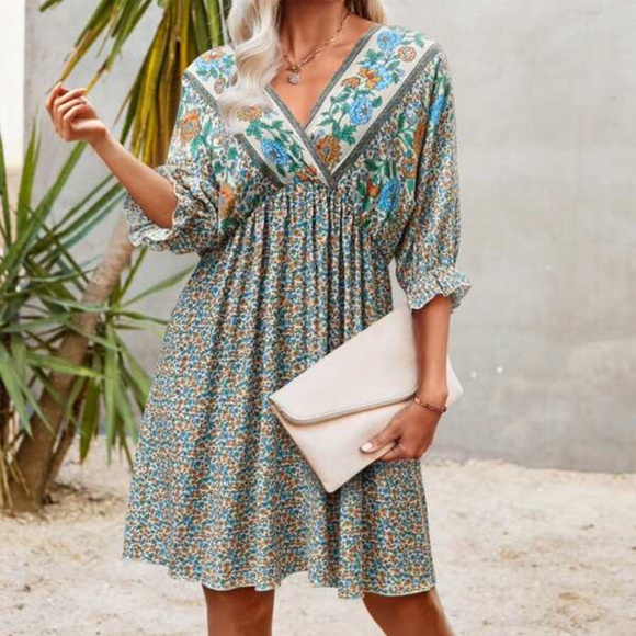 Boho Navy Floral Print Ruffle Sleeve Mini Dress Cottagecore - Picture 5 of 13